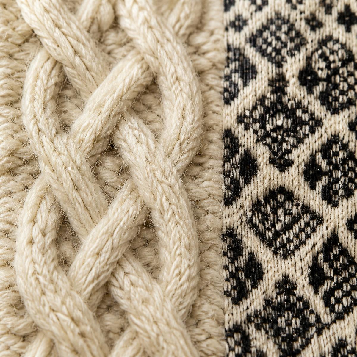 Macro view of a cream cable-knit structure beside a black jacquard woven sample