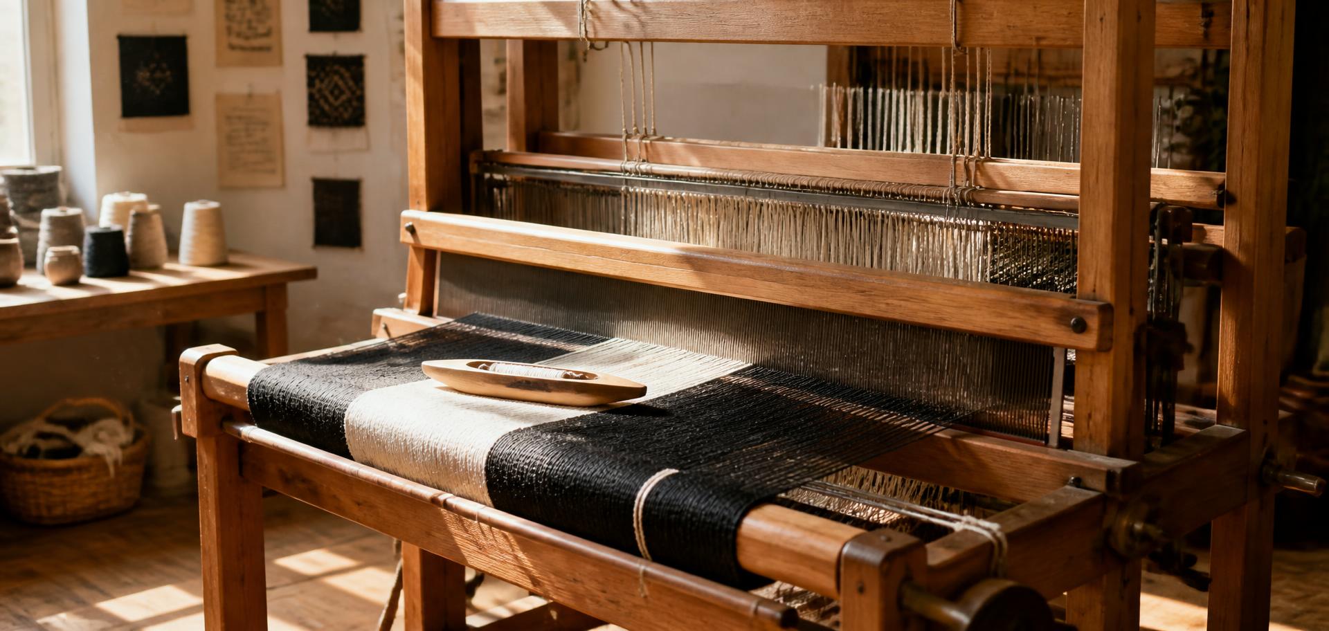 Wooden floor loom mid-weave with black and cream cotton threads in a sunlit studio