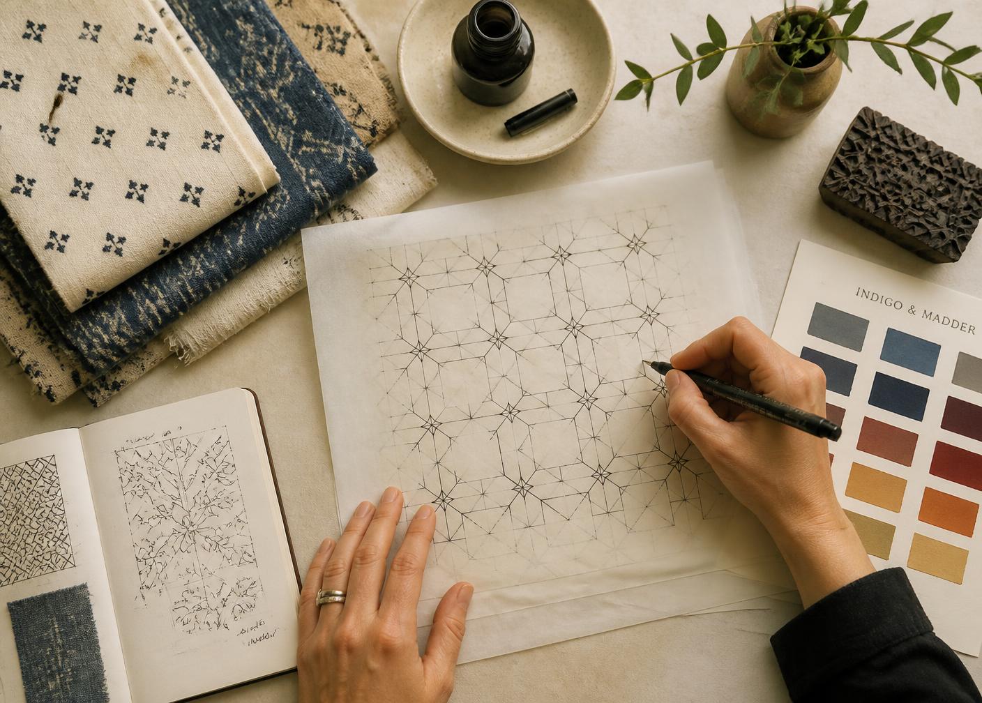 Designer inking a geometric repeat on tracing paper beside folded indigo fabric and a dye colour card